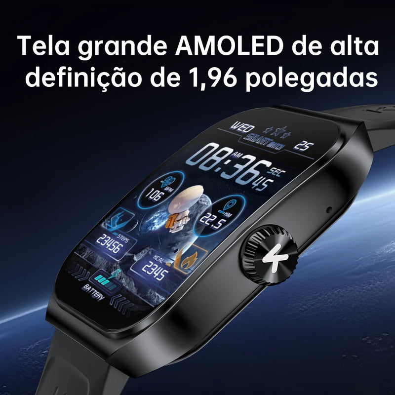 Kumi ku7 relógio inteligente 1.96 "tela amoled nfc ip68 à prova dip68 água 100 + modos esportivos bluetooth chamada saúde monitoramento do sono