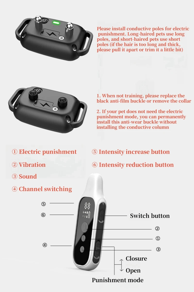 Coleira de treinamento digital para cães, 800m, à prova d'água, recarregável, controle remoto, animal de estimação, com display lcd, para todos os tamanhos, som de vibração de choque