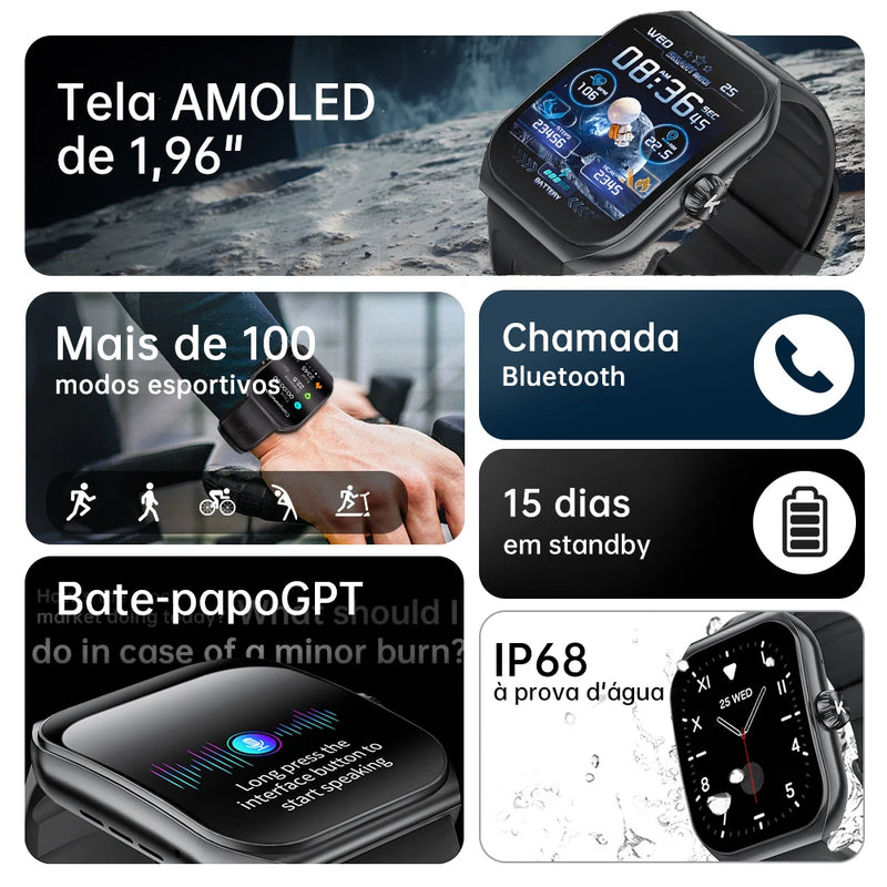 Kumi ku7 relógio inteligente 1.96 "tela amoled nfc ip68 à prova dip68 água 100 + modos esportivos bluetooth chamada saúde monitoramento do sono