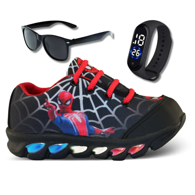 tenis de led infantil masculino homem aranha com luzinha meninos mais relogio e oculos