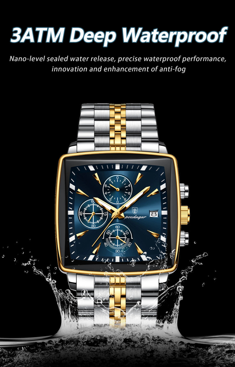 POEDAGAR Fashion Men Watch Luminous Waterproof Chronograph Date Man Wristwatch Square Stainless Steel Quartz Men's Watches Reloj